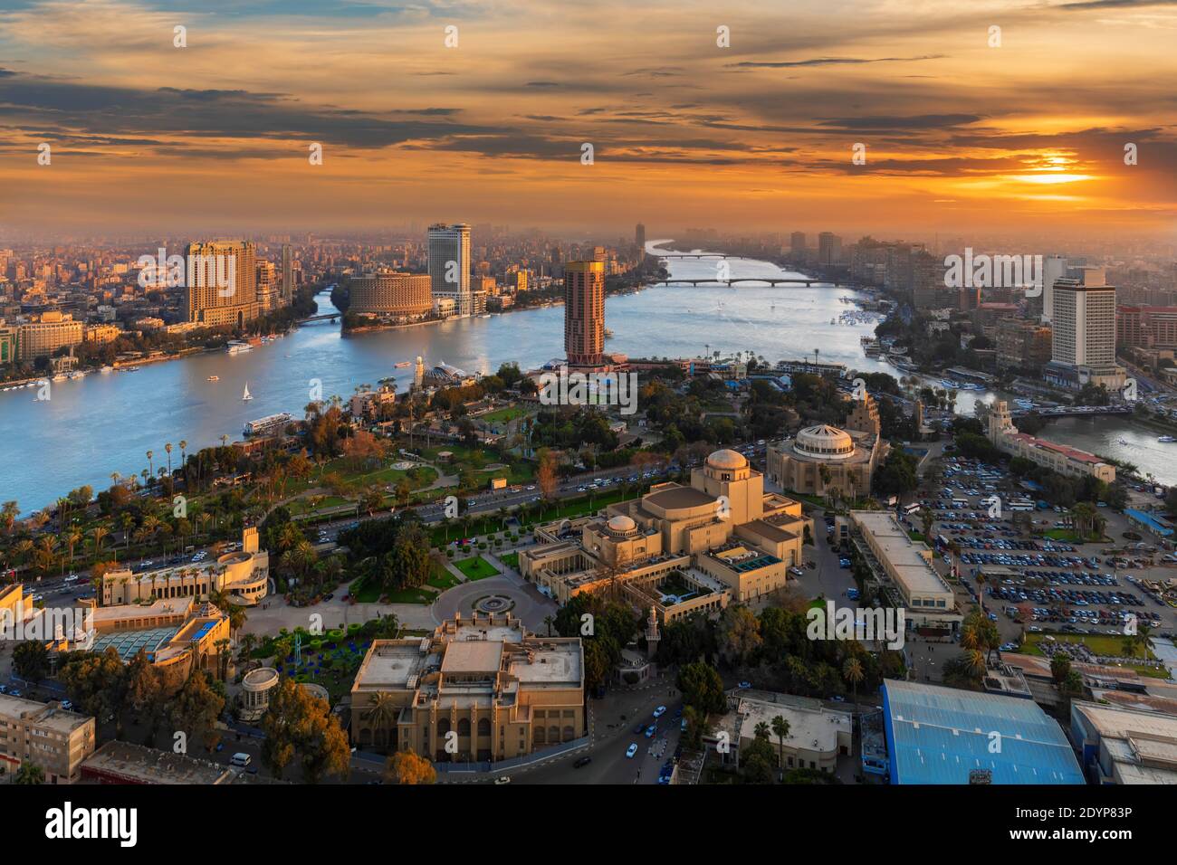 Beautiful panoramic view of Cairo city with the Nile River and luxury hotels at sunset